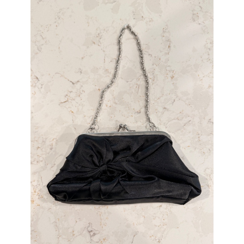 Vintage Black Satin Evening Bag Bow Kiss Lock Silver Chain Small Clutch Bag